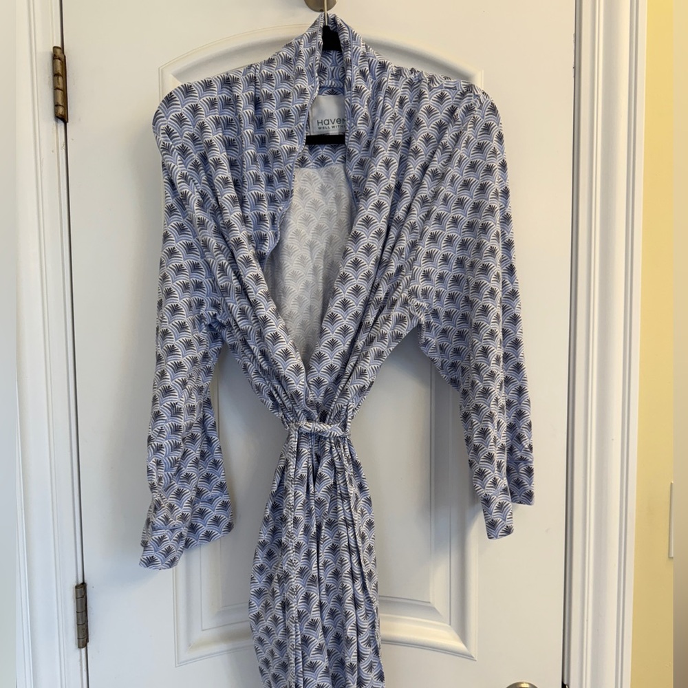 Blue Wrap Robe with Tie Belt and 3/4 Sleeves